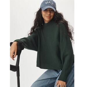 Maeve Anthropologie Meredith Ribbed Sweater XL Forest Green Boxy Crop Mockneck